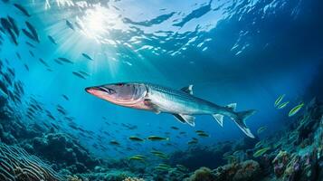 foto di Barracuda con vario pesce fra salutare corallo barriere nel il blu oceano. generativo ai