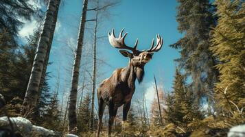 foto di alce americano nel là foresta con blu cielo. generativo ai