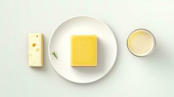 minimalista foto di un' fetta di formaggio su un' bianca piatto accanto Miele. generativo ai