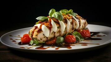 foto di caprese ripieno pollo come un' piatto nel un' fascia alta ristorante. generativo ai