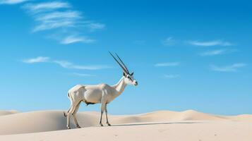 foto di un' arabo orice nel un' deserto con blu cielo. generativo ai