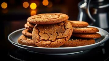 foto di Zenzero melassa biscotti come un' piatto nel un' fascia alta ristorante. generativo ai