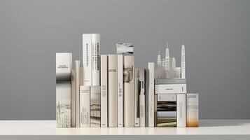 3d interpretazione di un' libro mensola con libri nel davanti di grigio sfondo. generativo ai foto