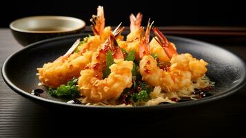 foto di gamberetto tempura come un' piatto nel un' fascia alta ristorante. generativo ai