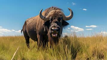 foto di un' bufalo nel il terreno agricolo. generativo ai