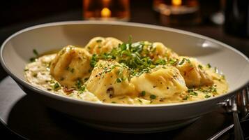 foto di pollo e Ravioli come un' piatto nel un' fascia alta ristorante. generativo ai