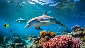 foto di delfino con vario pesce fra salutare corallo barriere nel il blu oceano. generativo ai