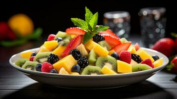 foto di fresco frutta insalata come un' piatto nel un' fascia alta ristorante. generativo ai