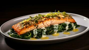 foto di spinaci e feta ripieno salmone come un' piatto nel un' fascia alta ristorante. generativo ai
