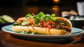 foto di banh mi come un' piatto nel un' fascia alta ristorante. generativo ai