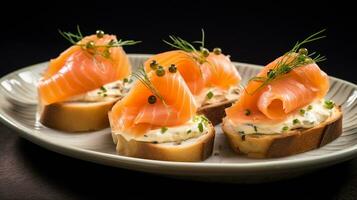foto di affumicato salmone tartine come un' piatto nel un' fascia alta ristorante. generativo ai
