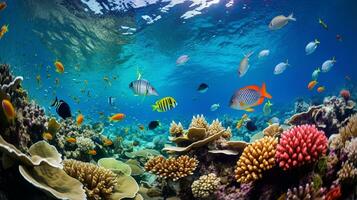 foto di guppy con vario pesce fra salutare corallo barriere nel il blu oceano. generativo ai
