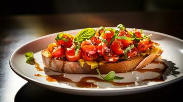 foto di Bruschetta con fresco pomodori come un' piatto nel un' fascia alta ristorante. generativo ai