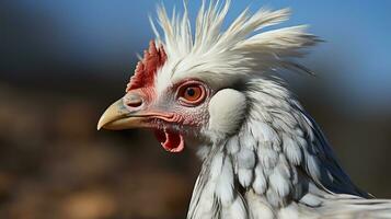 avvicinamento foto di un' gallo pollo guardare qualunque direzione. generativo ai