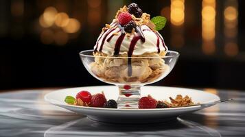 foto di ghiaccio crema coppa di gelato guarnita come un' piatto nel un' fascia alta ristorante. generativo ai