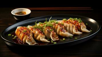 foto di gyoza come un' piatto nel un' fascia alta ristorante. generativo ai