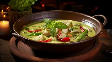 foto di tailandese verde curry come un' piatto nel un' fascia alta ristorante. generativo ai