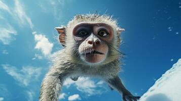 foto di un' scimmia sotto blu cielo. generativo ai
