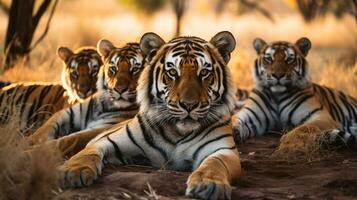 foto di un' mandria di tigre riposo nel un Aperto la zona su il savana. generativo ai