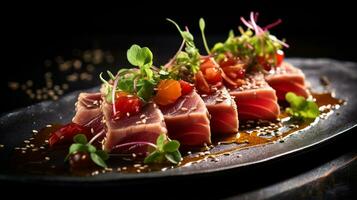 foto di tonno tataki come un' piatto nel un' fascia alta ristorante. generativo ai