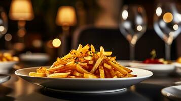 foto di francese patatine fritte come un' piatto nel un' fascia alta ristorante. generativo ai