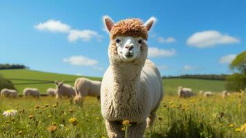 foto di un' alpaca nel il terreno agricolo. generativo ai