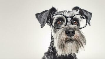 foto di un' miniatura schnauzer cane utilizzando occhiali isolato su bianca sfondo. generativo ai