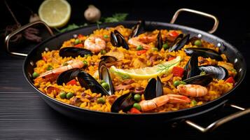 foto di caraibico frutti di mare paella come un' piatto nel un' fascia alta ristorante. generativo ai