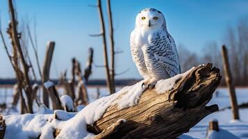 foto di un' nevoso gufo in piedi su un' caduto albero ramo a mattina. generativo ai