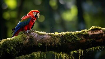 foto di un' scarlatto ara in piedi su un' caduto albero ramo a mattina. generativo ai