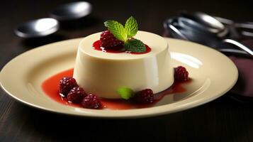 foto di panna cotta come un' piatto nel un' fascia alta ristorante. generativo ai