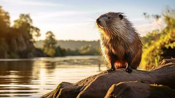 avvicinamento foto di un' nutria guardare nel loro habitat. generativo ai