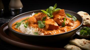 foto di tikka masala come un' piatto nel un' fascia alta ristorante. generativo ai