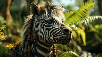 avvicinamento foto di un' zebra guardare qualunque direzione su giungla. generativo ai