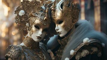 masquerade palla a Venezia carnevale con ornato maschere e costumi foto