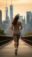 donna jogging con città orizzonte nel il distanza foto