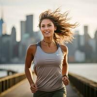 donna jogging con città orizzonte nel il distanza foto