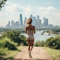 donna jogging con città orizzonte nel il distanza foto
