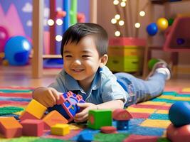 carino asiatico ragazzo giocando con edificio blocchi a casa o asilo. ai generativo foto