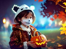 carino poco ragazzo nel Halloween costume Tenere pelle di zucca caramella benna. ai generativo foto