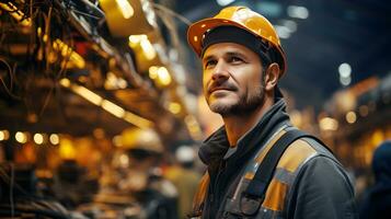 caucasico uomo lavoratore meccanico ingegnere, industriale costruzione e Manutenzione e sicurezza controllo dentro di fabbrica la zona. ai generativo foto