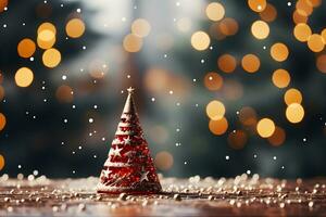 bellissimo illuminazione e bokeh sfondo per Natale pino albero e rosso stella, palle e regalo scatole decorazione su Vintage ▾ di legno pavimento. ai generato foto
