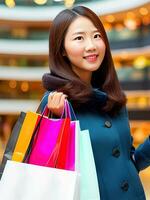 contento asiatico donna con shopping Borsa nel shopping centro commerciale. ai generativo foto
