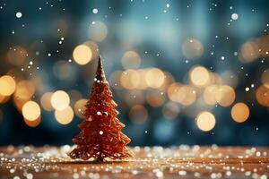 bellissimo illuminazione e bokeh sfondo per Natale pino albero e rosso stella, palle e regalo scatole decorazione su Vintage ▾ di legno pavimento. ai generato foto