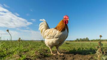 foto di un' gallo pollo nel il terreno agricolo. generativo ai