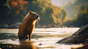 avvicinamento foto di un' capibara guardare nel loro habitat. generativo ai