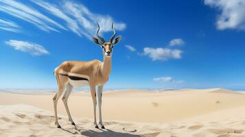 foto di un' sabbia gazzella nel un' deserto con blu cielo. generativo ai