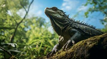 foto di iguana nel là foresta con blu cielo. generativo ai