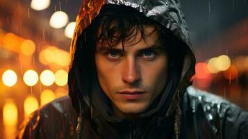 un' giovane uomo nel un' cappuccio nel il sera nel il piovere, avvicinamento di il suo viso foto
