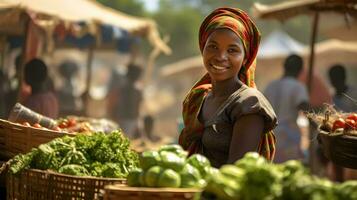 un' donna è sorridente mentre Tenere un' cestino di verdure ai generativo foto